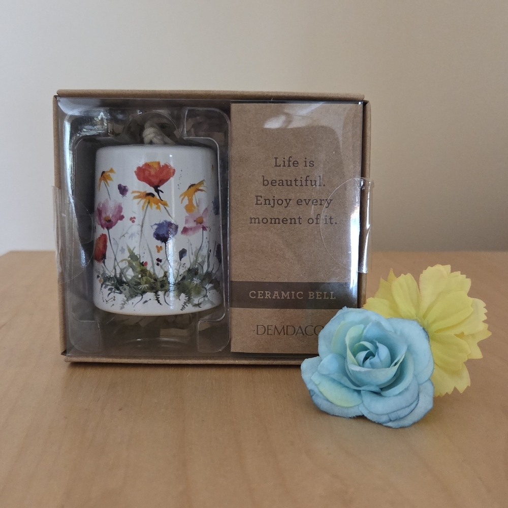 NWT DEMDACO Watercolor Wildflowers Stoneware Hanging Mini Bell Ornament